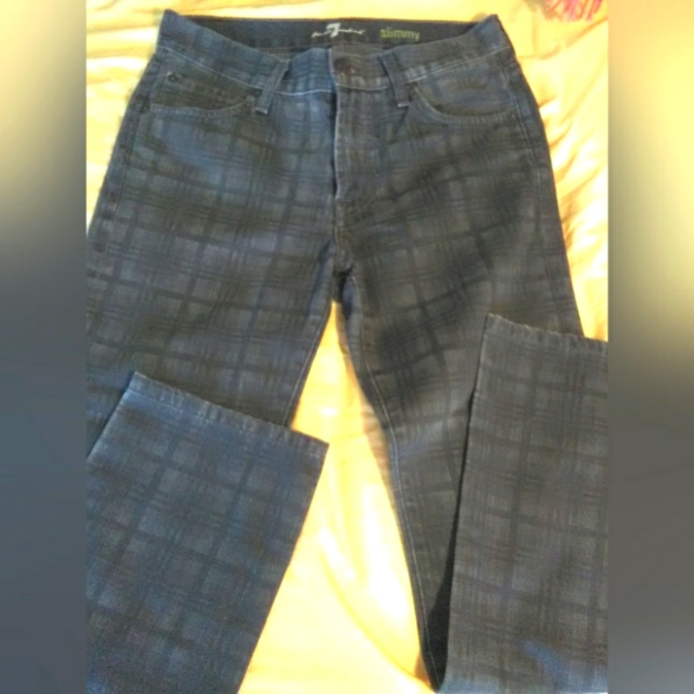 BNWOT GORGEOUS SEVEN FOR ALL MANKIND JEANS SZ. 29 109%COTTON BLACK/GREY PLAID